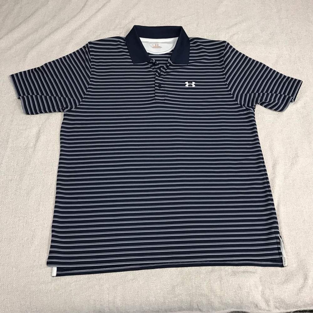 Under Armour XL Striped Navy Polo Shirt HeatGear Golf Stretch